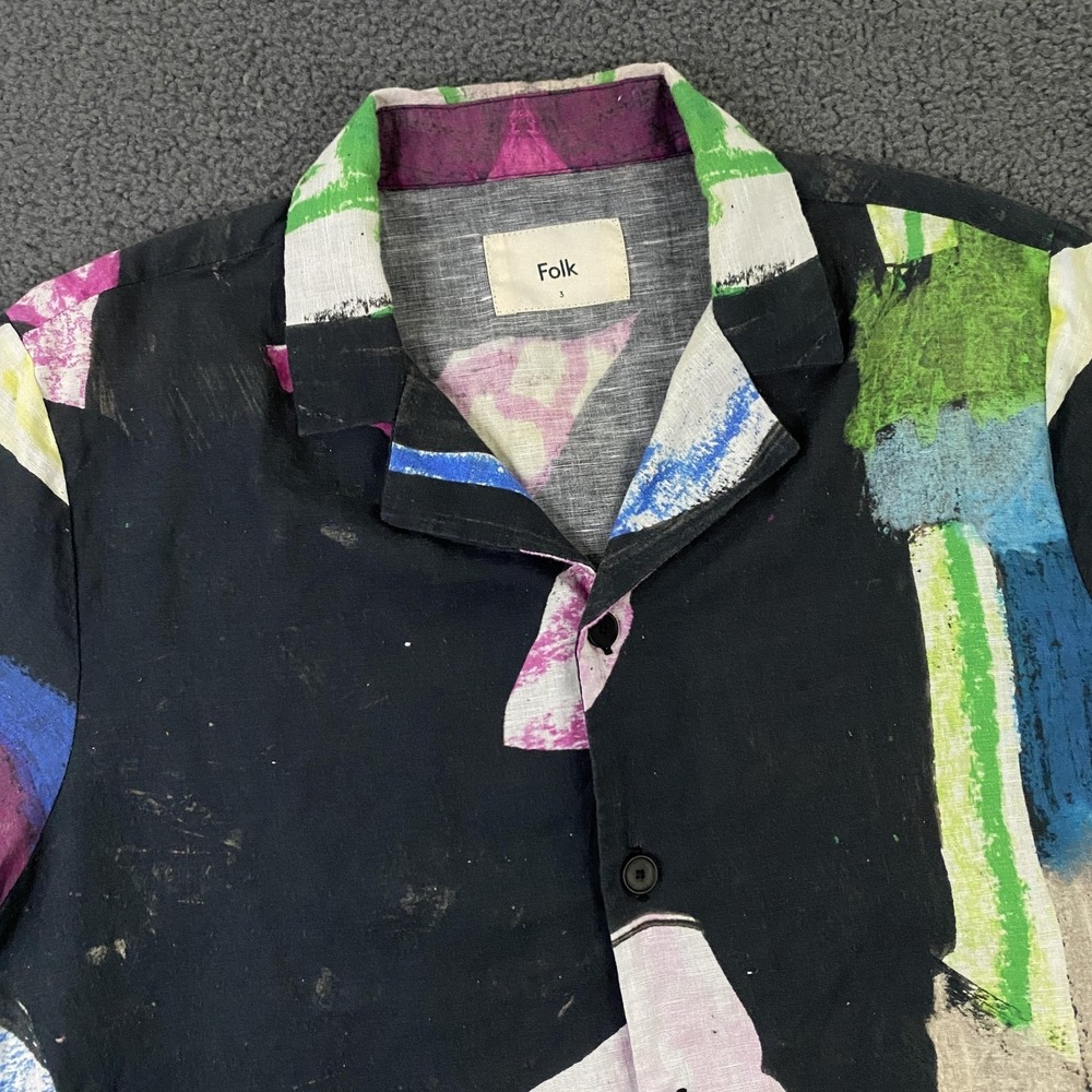Folk Shirt Men Medium, 3 Multicolor Abstract Art Linen Cotton Camp Collar Resort